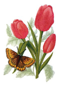 Large Copper Butterfly and Tulips (5.55" x 7.79") embroidered iron-on patch