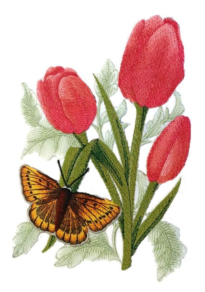 Parche bordado para planchar o coser, personalizado y único, de mariposa grande de cobre con tulipanes en flor [5,55" (ancho) x 7,79" (alto)] [Hecho en EE. UU.]