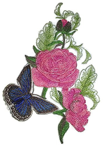 Custom and Unique Blooms and Butterflies [Meleager's Blue Butterfly and Roses ] Embroidered Iron on/Sew Patch (6.74" x 4.86") [Made in USA]