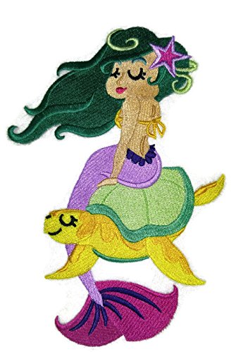 Parche bordado para planchar o coser de Sirena Legendaria Mítica Única de BeyondVision [Sirena sobre Tortuga Marina] [7.81" x 5.29"] [Hecho en EE. UU.]