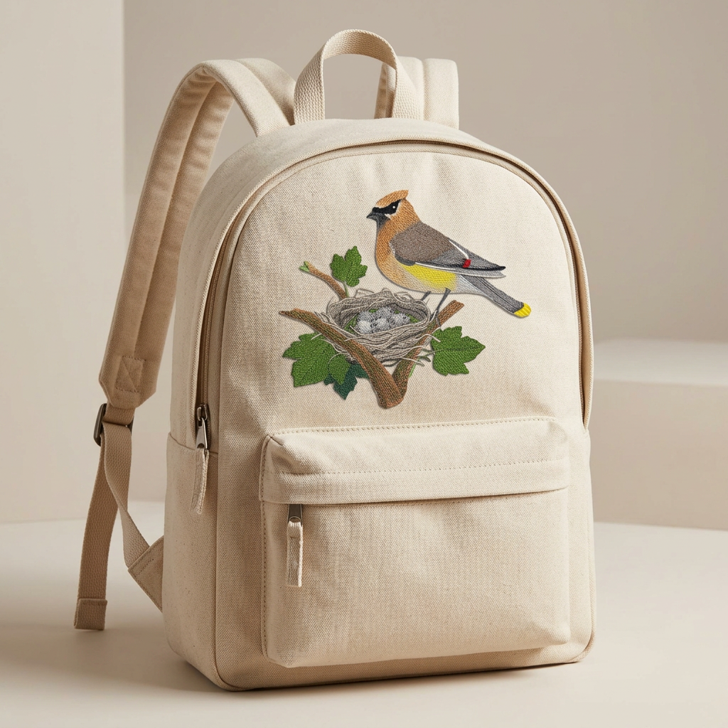Bird and nest embroidery on backpack