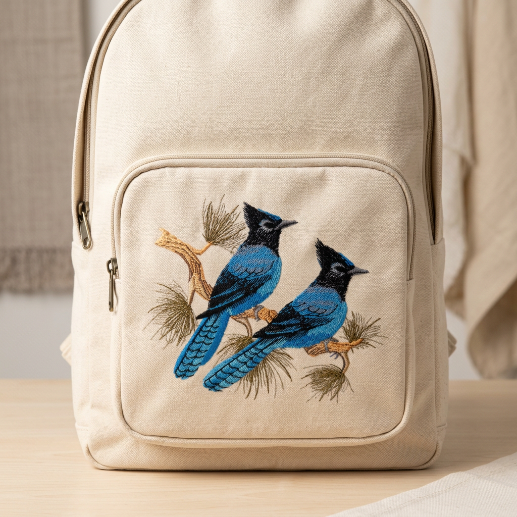 Bird embroidery on a backpack