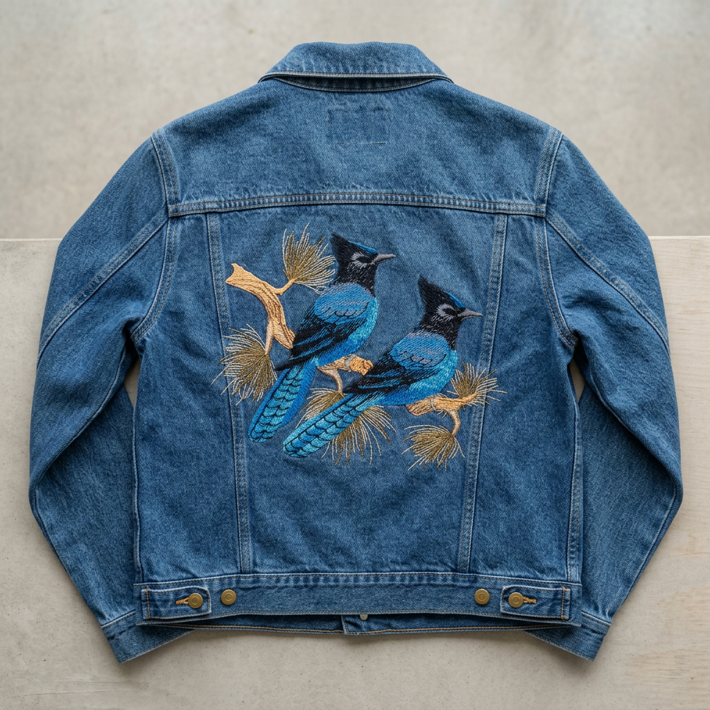 Bird embroidery on a denim jacket
