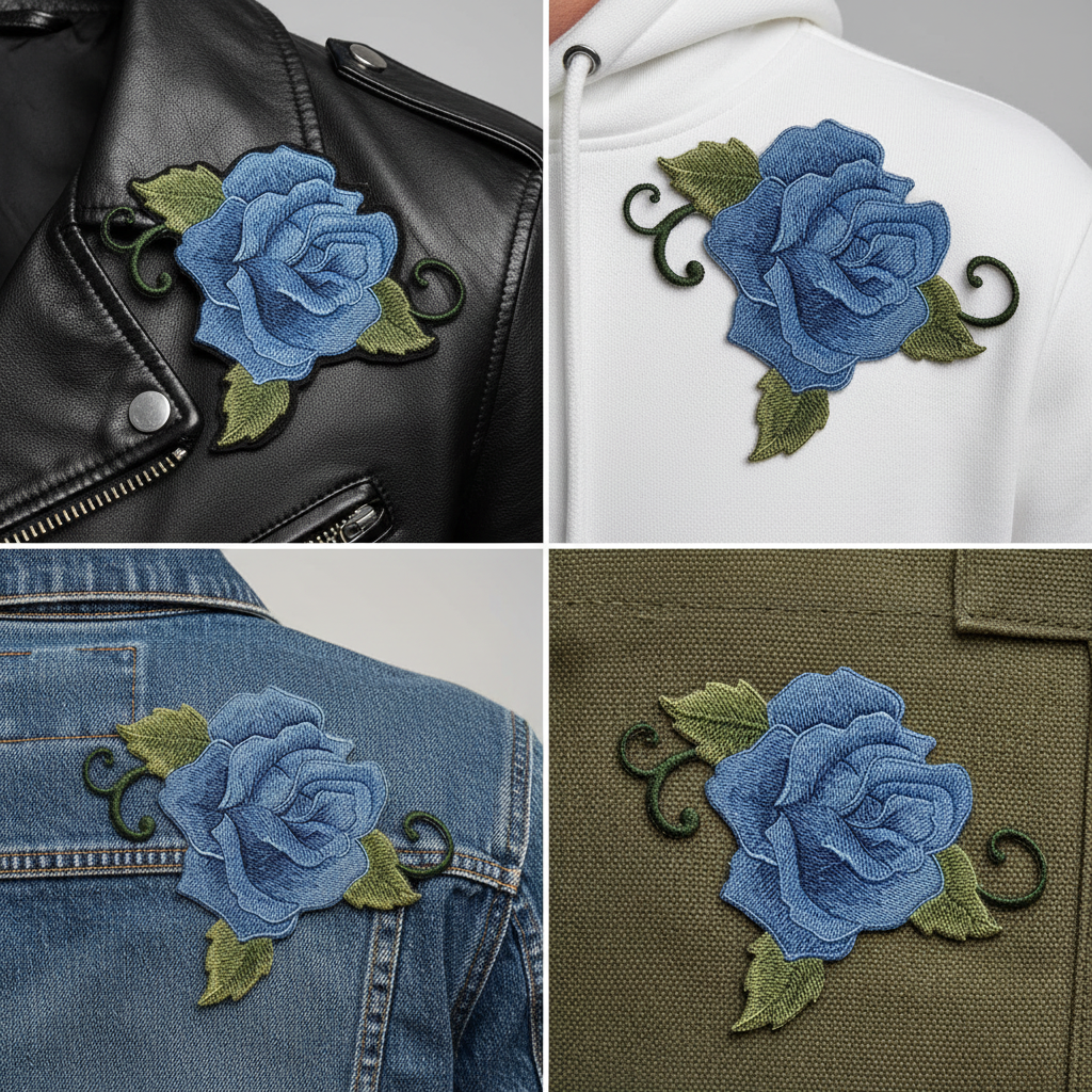 Blue rose patch on different fabrics grid