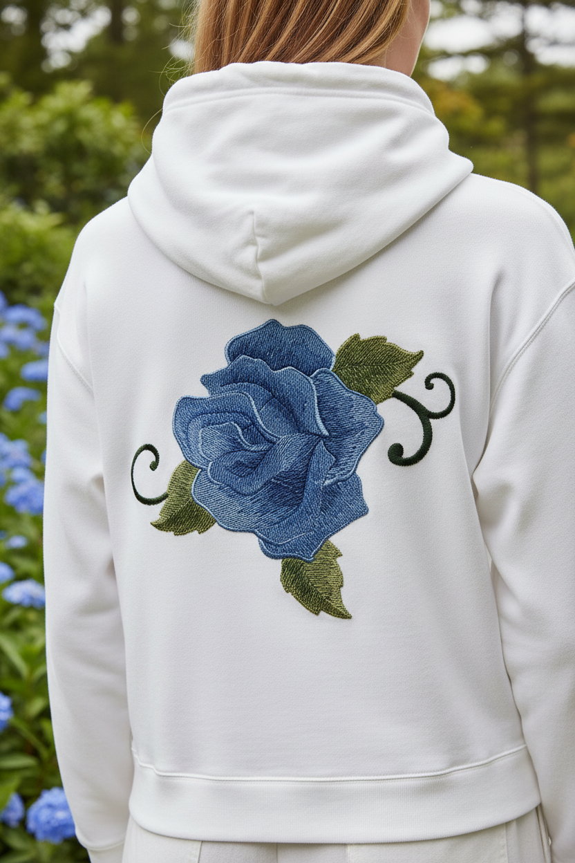 Blue rose patch on hoodie back with garden background