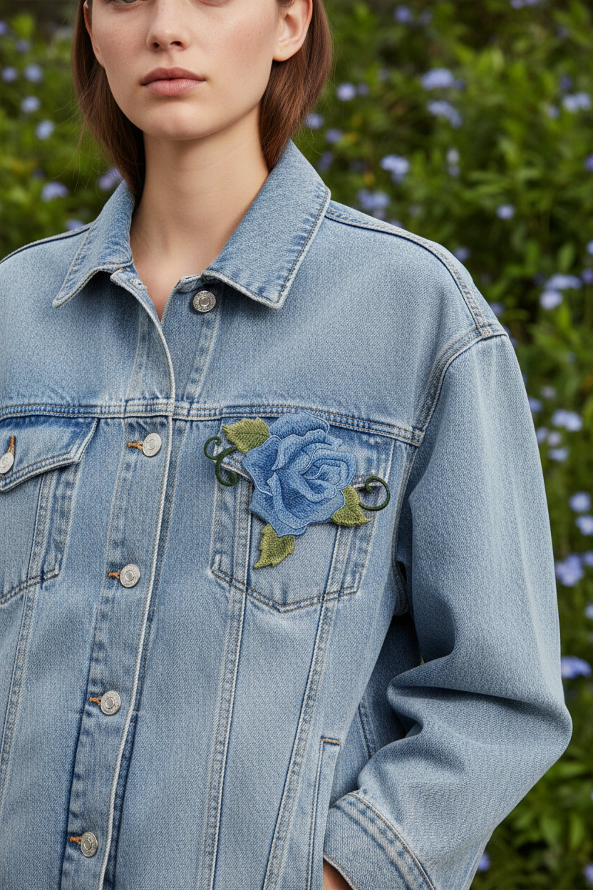 Blue rose patch on jacket chest with wildflower background