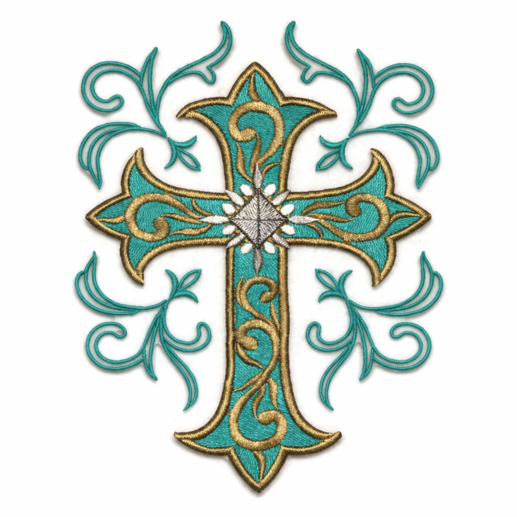 Holy Sacred Cross with Filigree Swirls Embroidered Patch (7" x 4.7") Inches) Nature-Inspired Iron On or Sew On Design, Made in USA