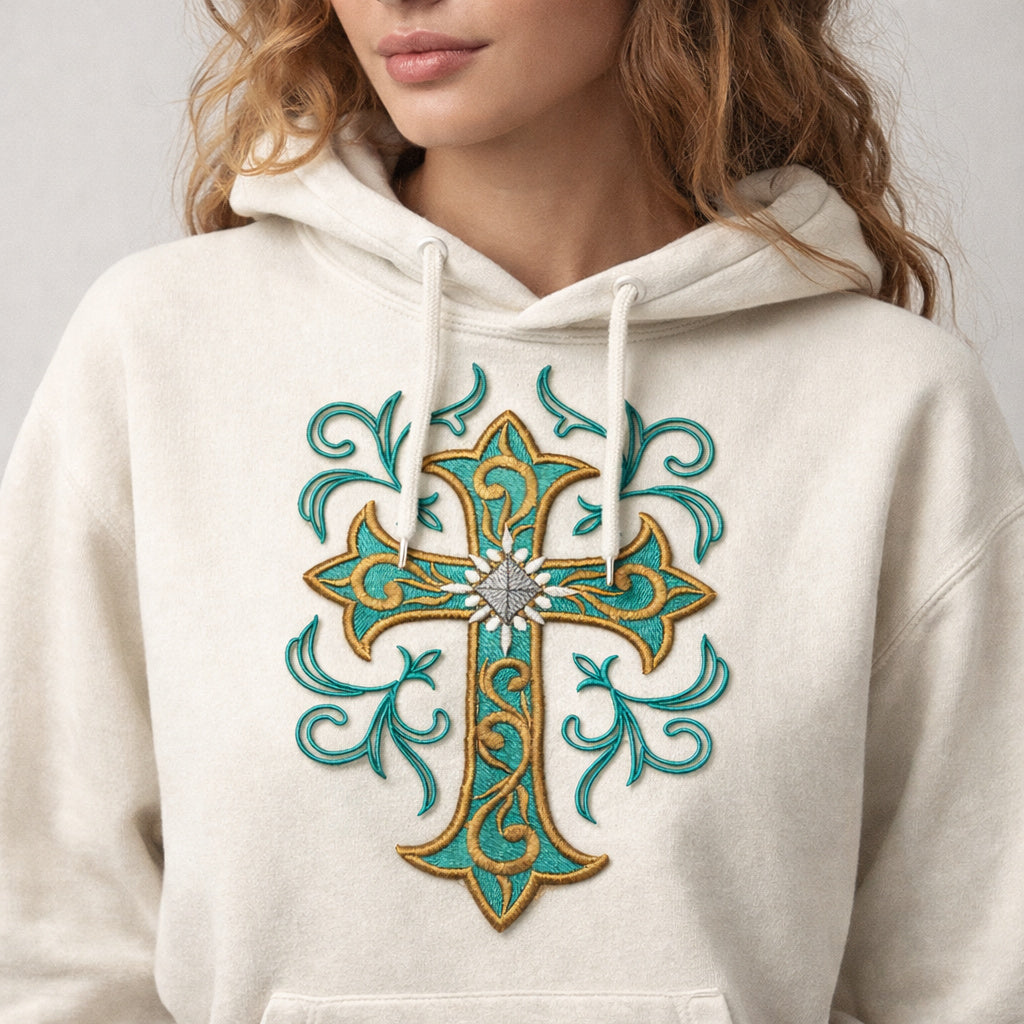 Holy Sacred Cross with Filigree Swirls Embroidered Patch (7" x 4.7") Inches) Nature-Inspired Iron On or Sew On Design, Made in USA