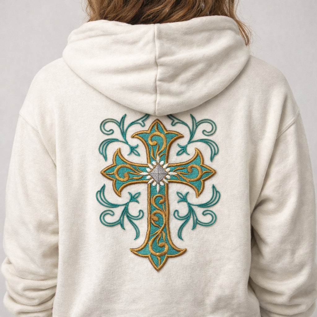 Holy Sacred Cross with Filigree Swirls Embroidered Patch (7" x 4.7") Inches) Nature-Inspired Iron On or Sew On Design, Made in USA