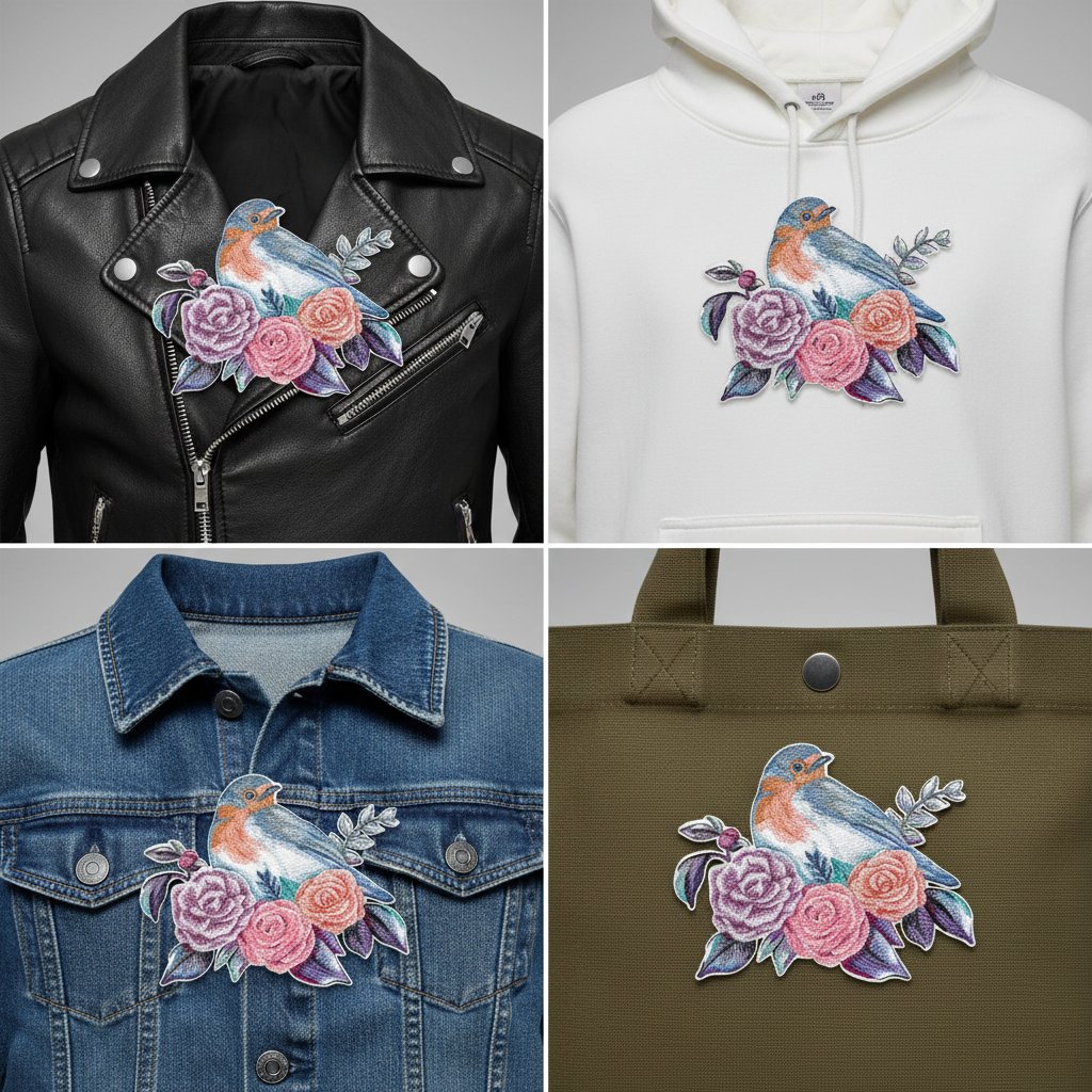 Bluebird and roses patch on different fabrics grid
