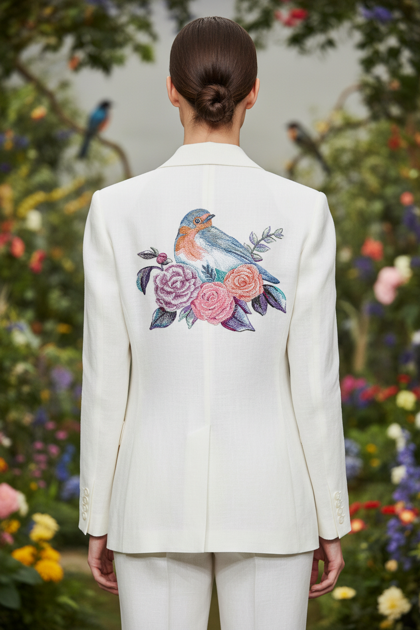 Bluebird and roses patch on jacket back with garden background
