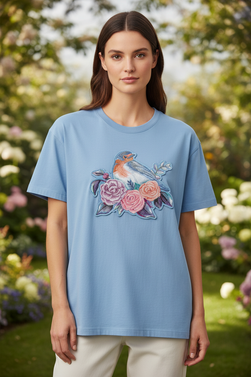 Bluebird and roses patch on t-shirt chest with garden background