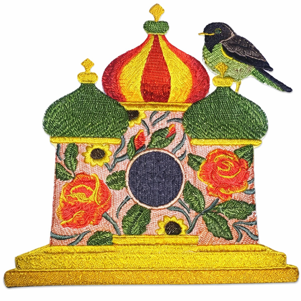 Russian Birdhouse with Apal Thrush Embroidered Patch – Folk Art Iron-On or Sew-On Statement Design, 7” x 6.9”, Made in USA
