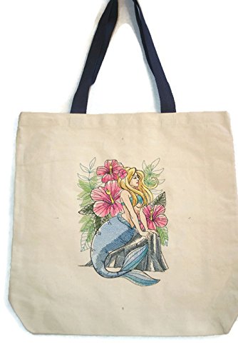 BeyondVision Custom 22" Embroidered [Mermaid Splendor] HeavyDuty Natural Canvas Tote/Beach Bag