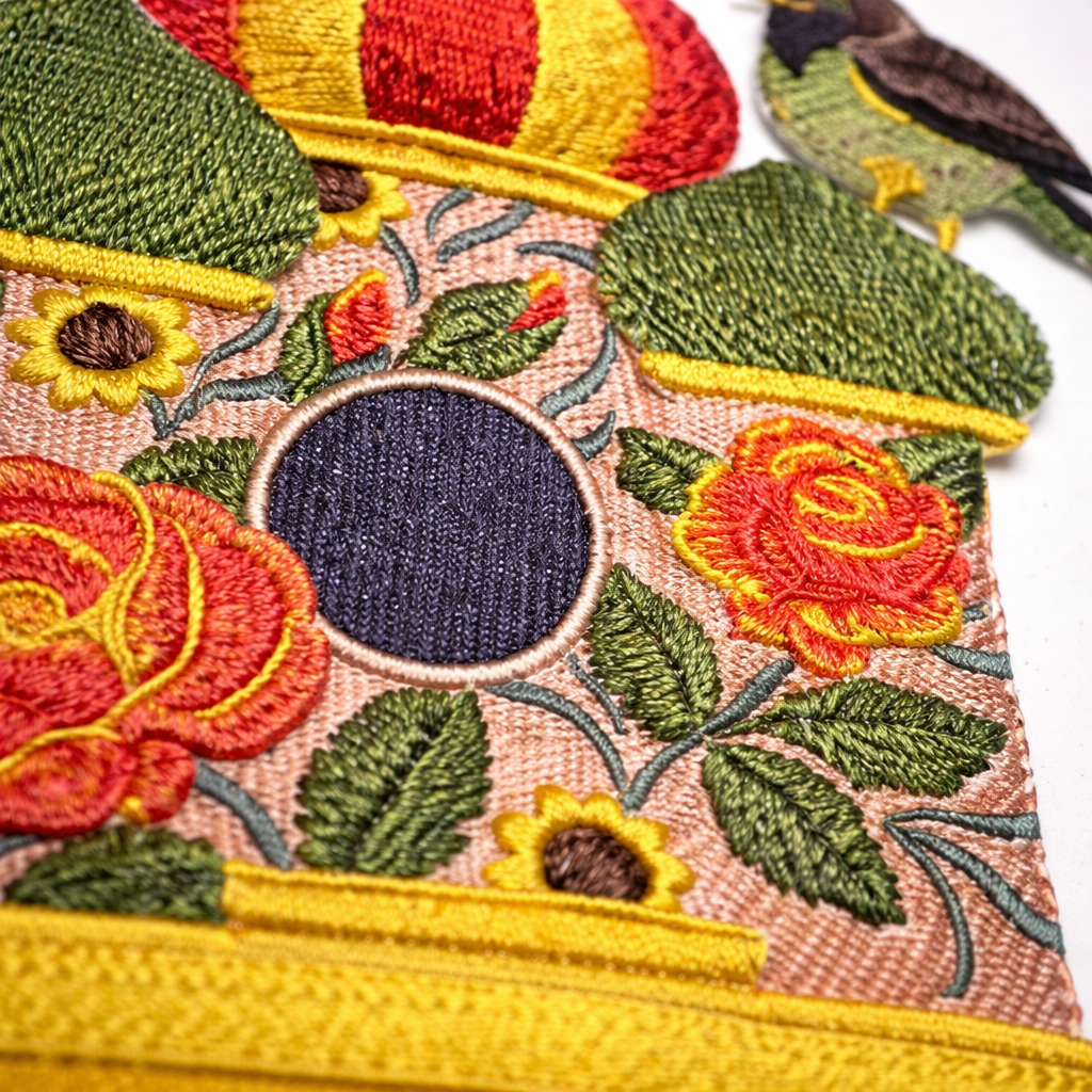 Russian Birdhouse with Apal Thrush Embroidered Patch – Folk Art Iron-On or Sew-On Statement Design, 7” x 6.9”, Made in USA
