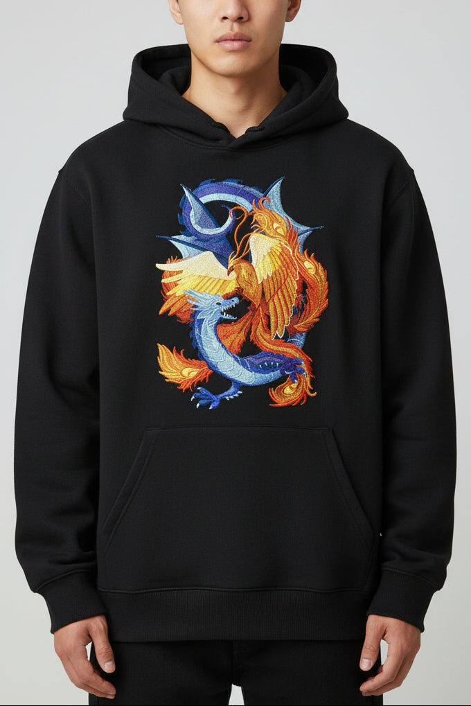 Black hoodie with a colorful dragon design on a plain background