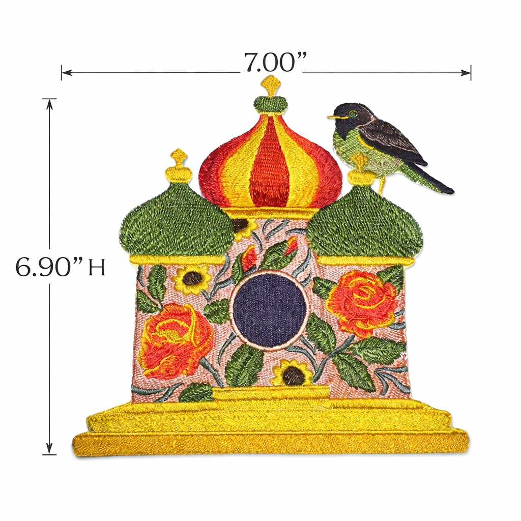 Russian Birdhouse with Apal Thrush Embroidered Patch – Folk Art Iron-On or Sew-On Statement Design, 7” x 6.9”, Made in USA