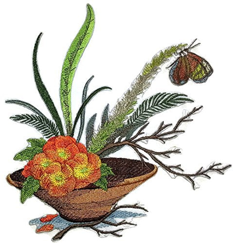 Custom and Unique Japanese Art Ikebana [ Decorative Ikebana and Butterfly ] Embroidered Iron on/Sew Patch (7.22" x 7.81") [Made in USA]