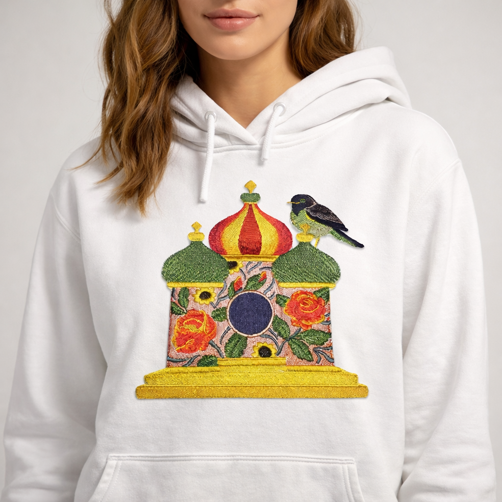 Russian Birdhouse with Apal Thrush Embroidered Patch – Folk Art Iron-On or Sew-On Statement Design, 7” x 6.9”, Made in USA