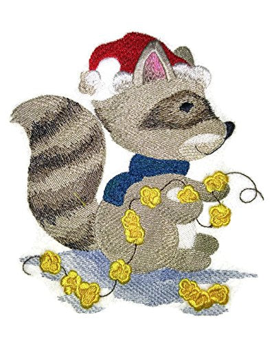 Embroidered design of a raccoon wearing a Santa hat and holding Christmas lights on a white background.