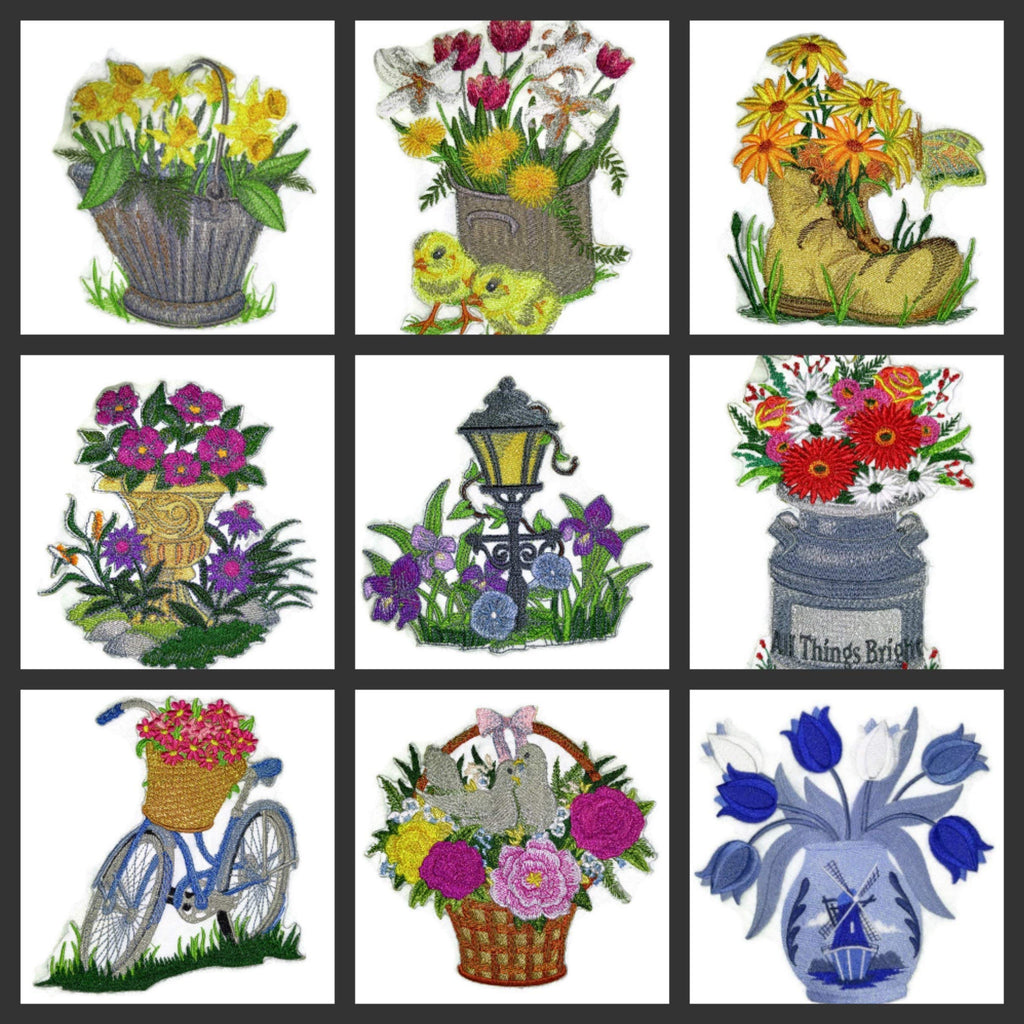 Parche bordado para planchar o coser con diseño de flores de primavera, personalizado y único, con jarrón [Florece en la bota] [13,5 x 12,2 cm] [Hecho en EE. UU.]