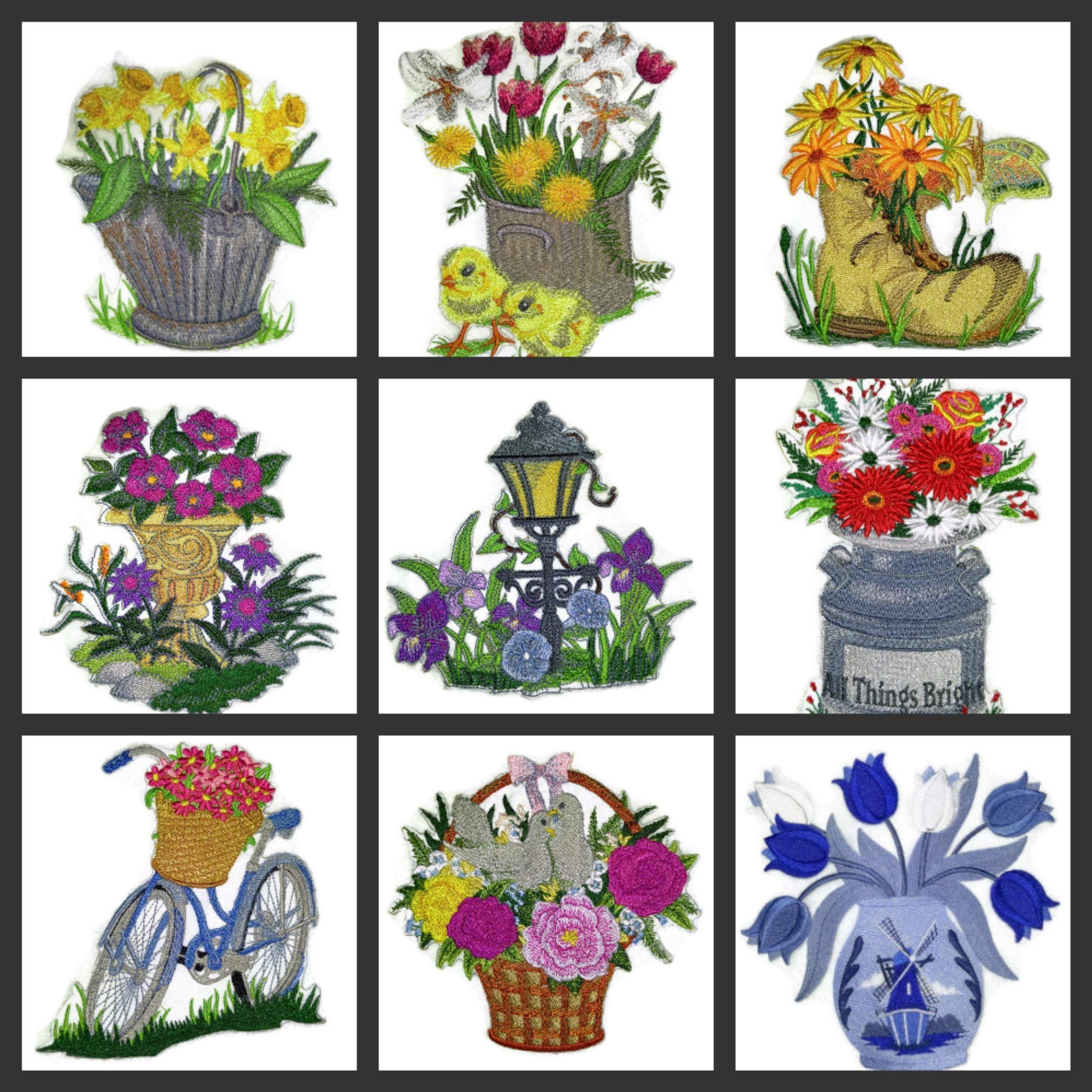 Parche bordado para planchar o coser con diseño de flores de primavera, personalizado y único, con jarrón [Florece en la bota] [13,5 x 12,2 cm] [Hecho en EE. UU.]