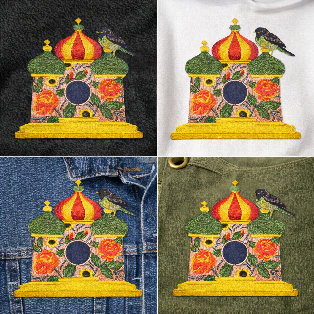Russian Birdhouse with Apal Thrush Embroidered Patch – Folk Art Iron-On or Sew-On Statement Design, 7” x 6.9”, Made in USA