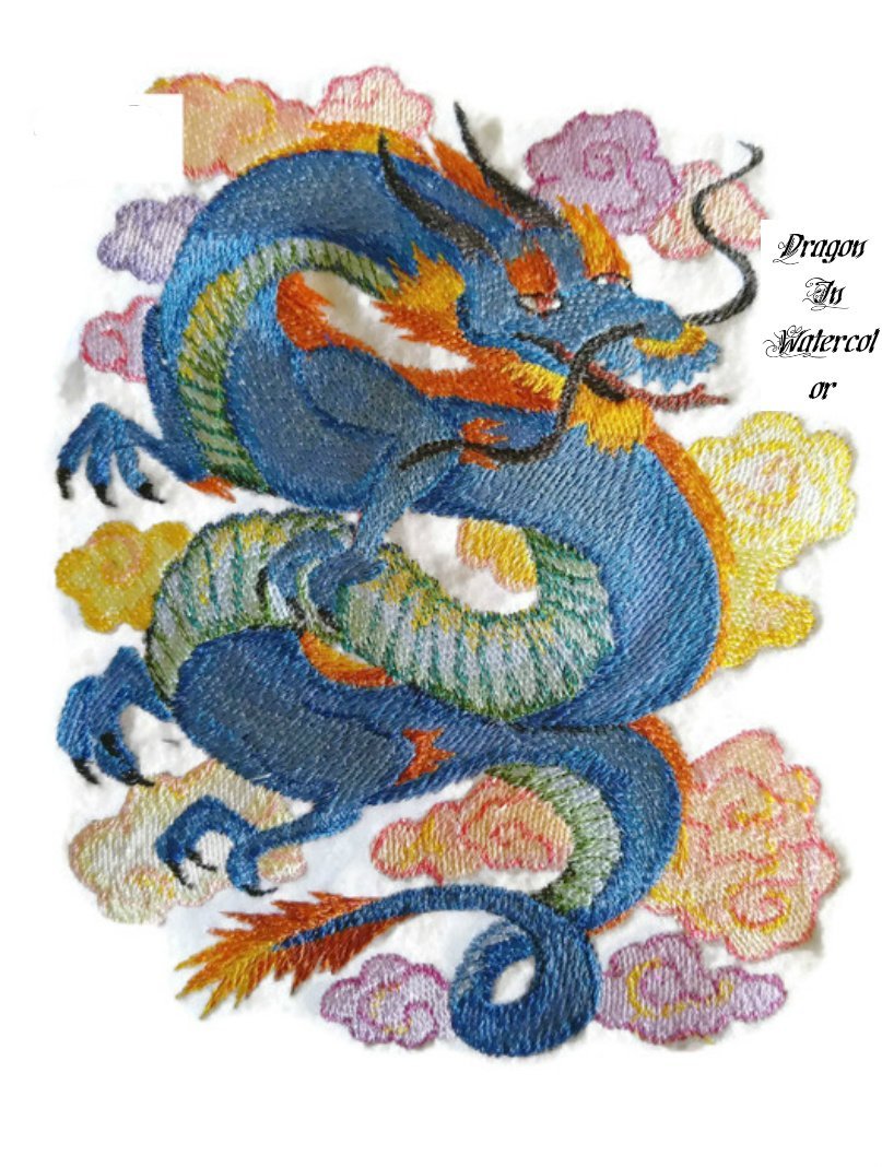 Colorful embroidered dragon design on a white background