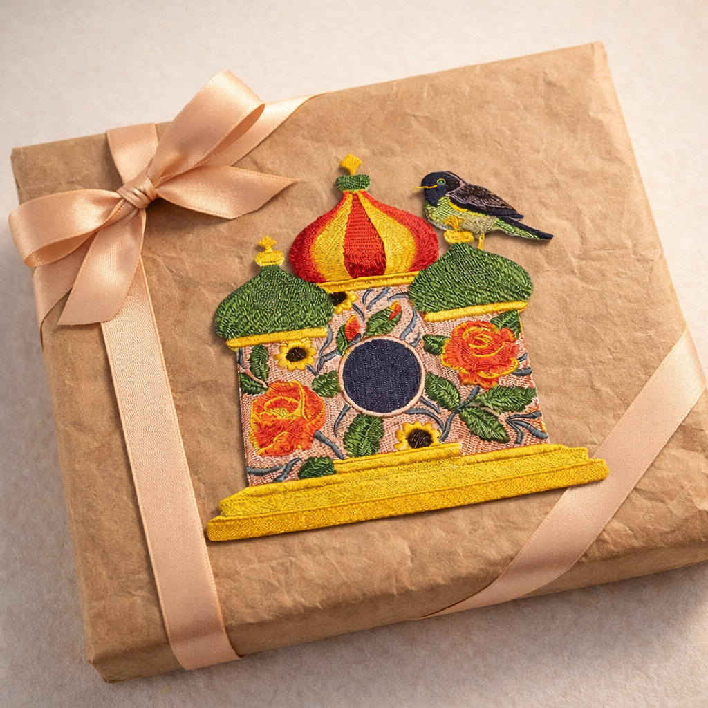 Russian Birdhouse with Apal Thrush Embroidered Patch – Folk Art Iron-On or Sew-On Statement Design, 7” x 6.9”, Made in USA