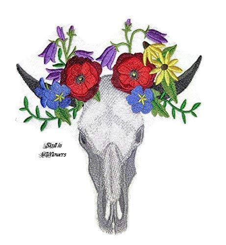 Nature Weaved in Threads, Amazing Animal Kingdom [Skull in Wildflowers [Custom and Unique] Embroidered Iron on/Sew Patch (7.69" x 6.89") [Made in USA]