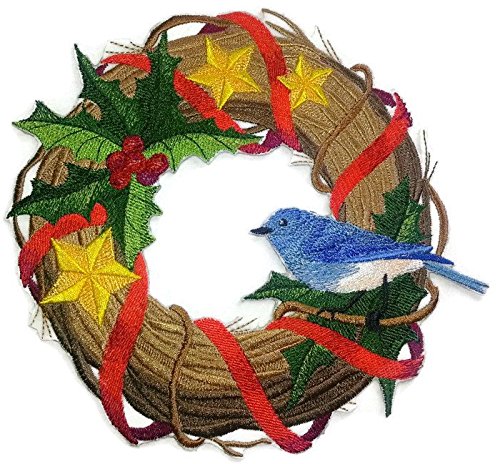 Coronas navideñas personalizadas con colores de la naturaleza [Corona de pájaro azul] Parche bordado para planchar o coser [18 x 18 cm] [Hecho en EE. UU.]