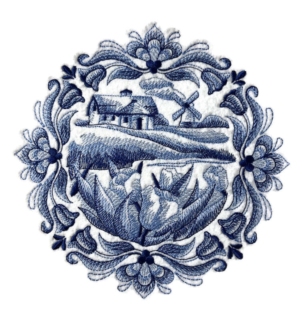 Custom and Unique Shades of Blue [ Delft Blue Country Cottage ] Embroidered Iron on/Sew Patch (6.89" x 6.89") [Made in USA]