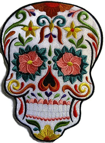 Parche bordado para planchar o coser con diseño de calavera de azúcar "Flor de Fiesta", equipo de motociclista personalizado y único [21,5 cm] [Hecho en EE. UU.]