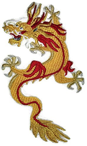 Embroidered dragon patch with gold and red colors on a white background