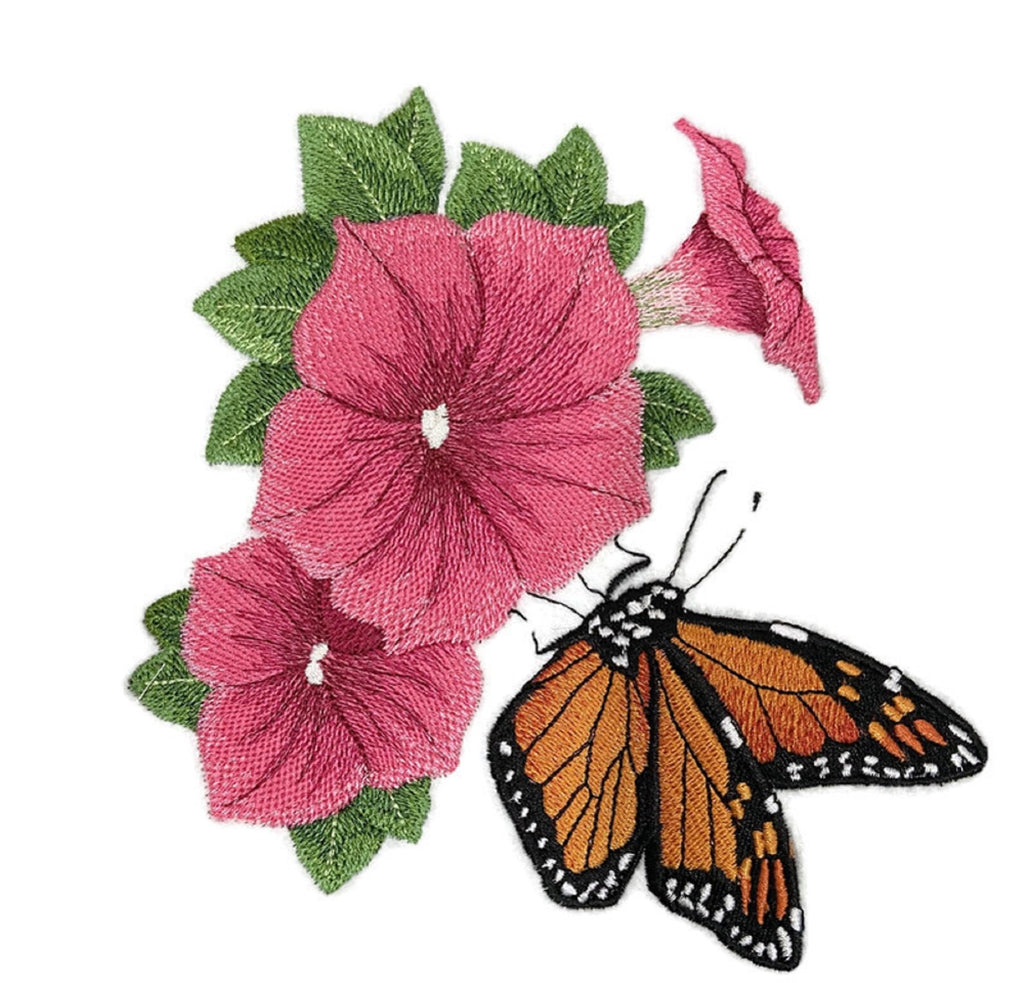 Garden Monarch and Petunia Embroidered Iron on/Sew Patch (6.9" x 6.33")