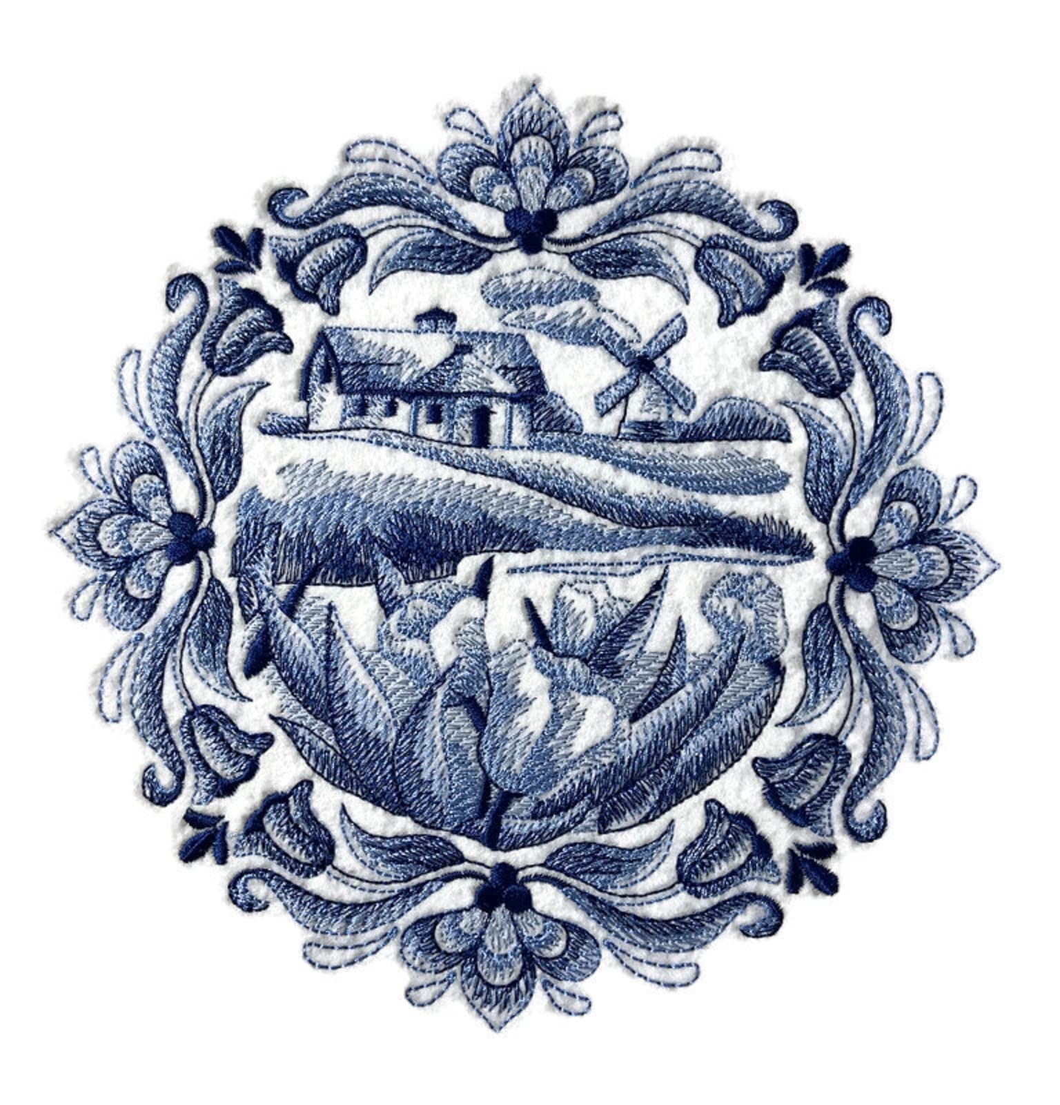 Custom and Unique Shades of Blue [ Delft Blue Country Cottage ] Embroidered Iron on/Sew Patch (6.89" x 6.89") [Made in USA]