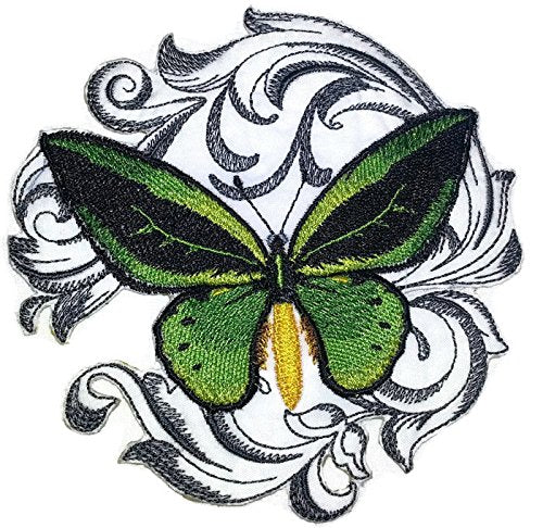 BeyondVision Custom and Unique Amazing Colorful Butterflies [ Common Green Birdwing with Baroque ] Embroidered Iron On/Sew Patch (5" x 5") Made in USA