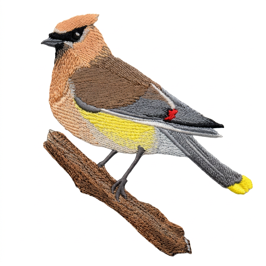 Cedar waxwing embroidery cleanup