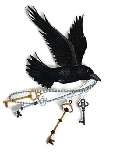 Custom and Unique Happy Halloween [ Flying Raven with Skeleton Keys ] Embroidered Iron on/Sew Patch (5.81" x 8.63") [Made in USA]