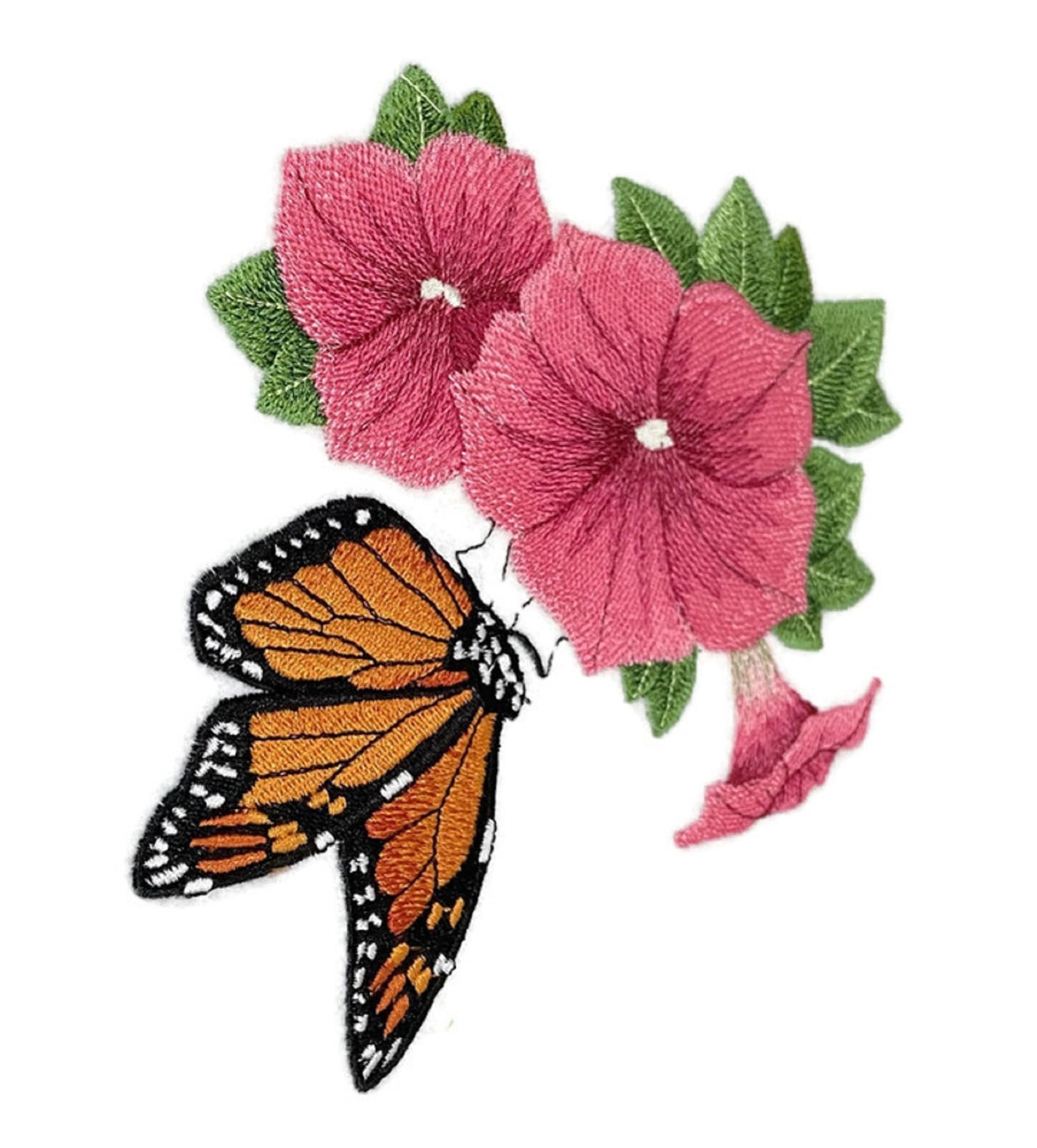 Garden Monarch and Petunia Embroidered Iron on/Sew Patch (6.9" x 6.33")