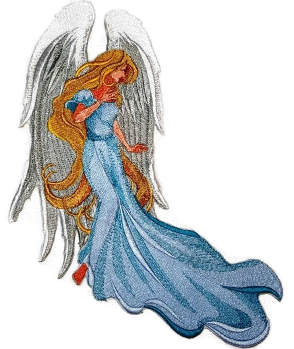 Parche bordado para planchar o coser con diseño Art Nouveau navideño [Ángel con trenzas ondulantes] [19 x 25 cm] [Hecho en EE. UU.]