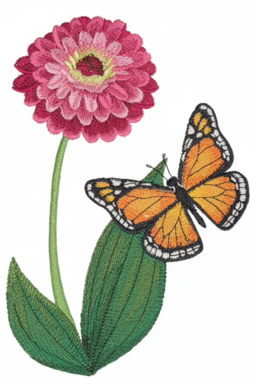 Monarch & Zinnia , 5.1 x 7.78 in embroidered iron-on patch