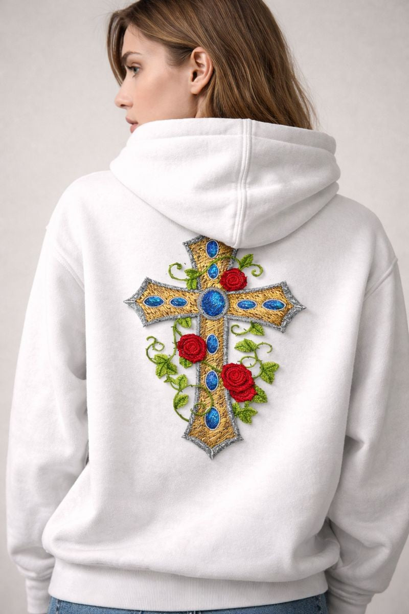 Art Deco Floral Cross Embroidered Patch (7” x 4.76”) – Gold Religious Iron-On Appliqué with Roses, Made in USA