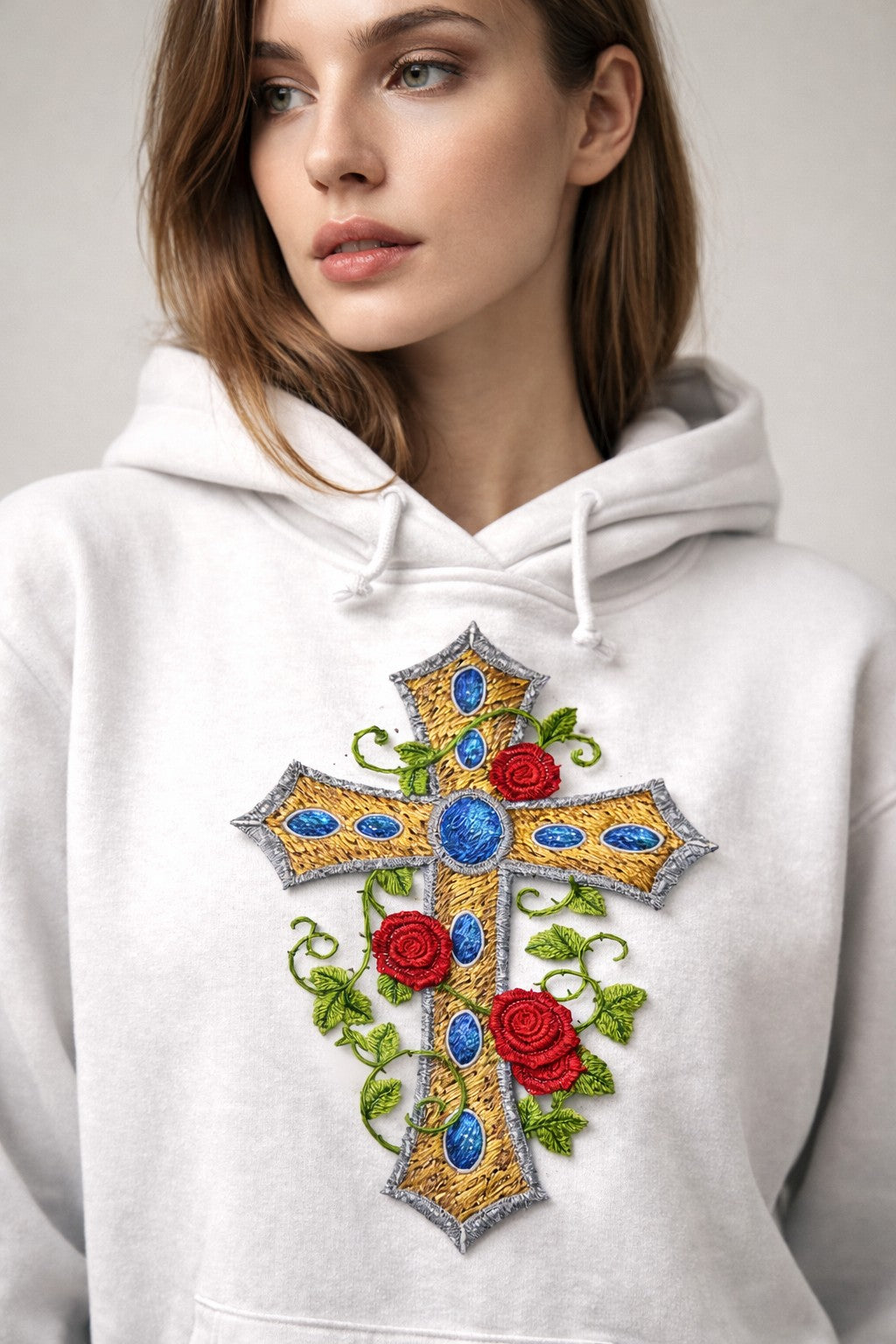 Art Deco Floral Cross Embroidered Patch (7” x 4.76”) – Gold Religious Iron-On Appliqué with Roses, Made in USA