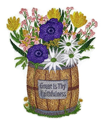 Parche bordado para planchar o coser "Flores de primavera" personalizado y único con jarrón [Grande es tu fidelidad] [5,48" x 4,86"] [Hecho en EE. UU.]