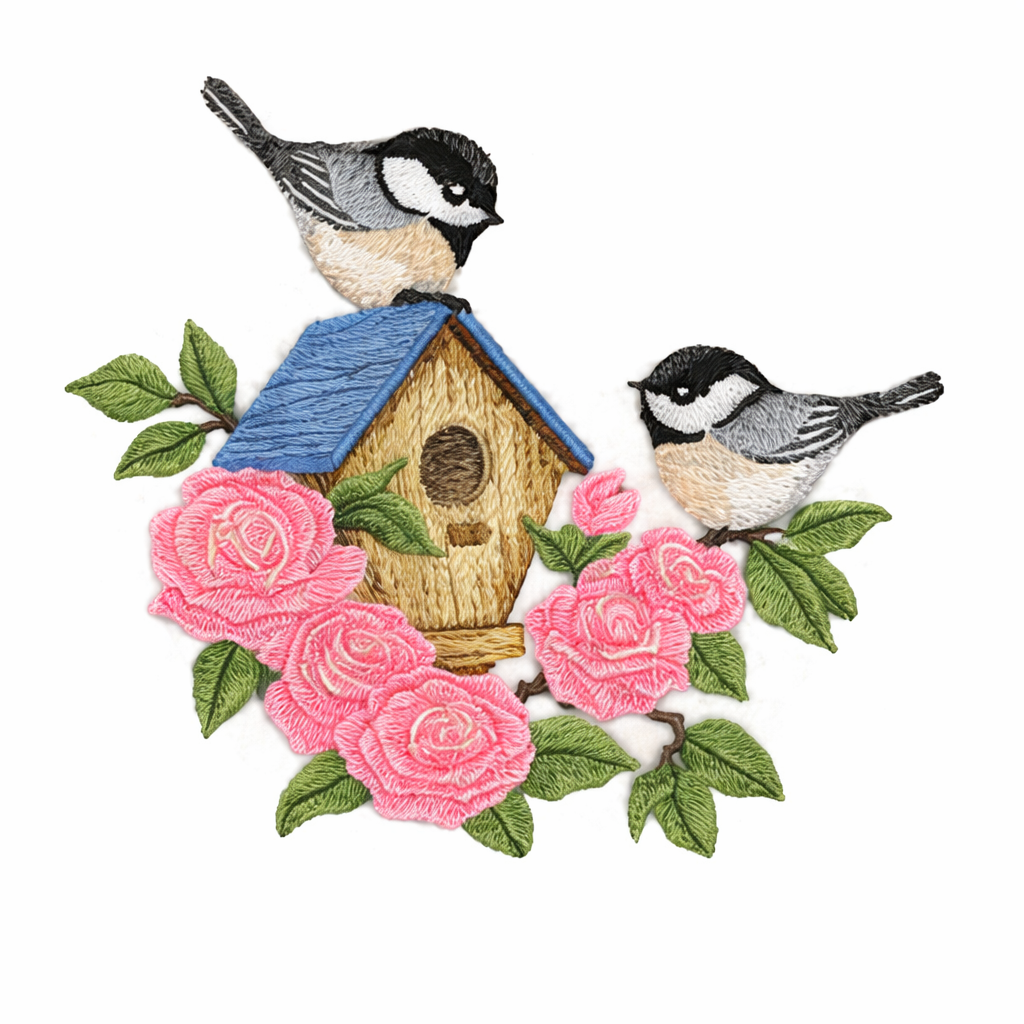 Blooming Chickadee Birdhouse Embroidered Patch – Nature-Inspired Iron-On or Sew-On Art, 6.9” x 6.26”, Made in USA