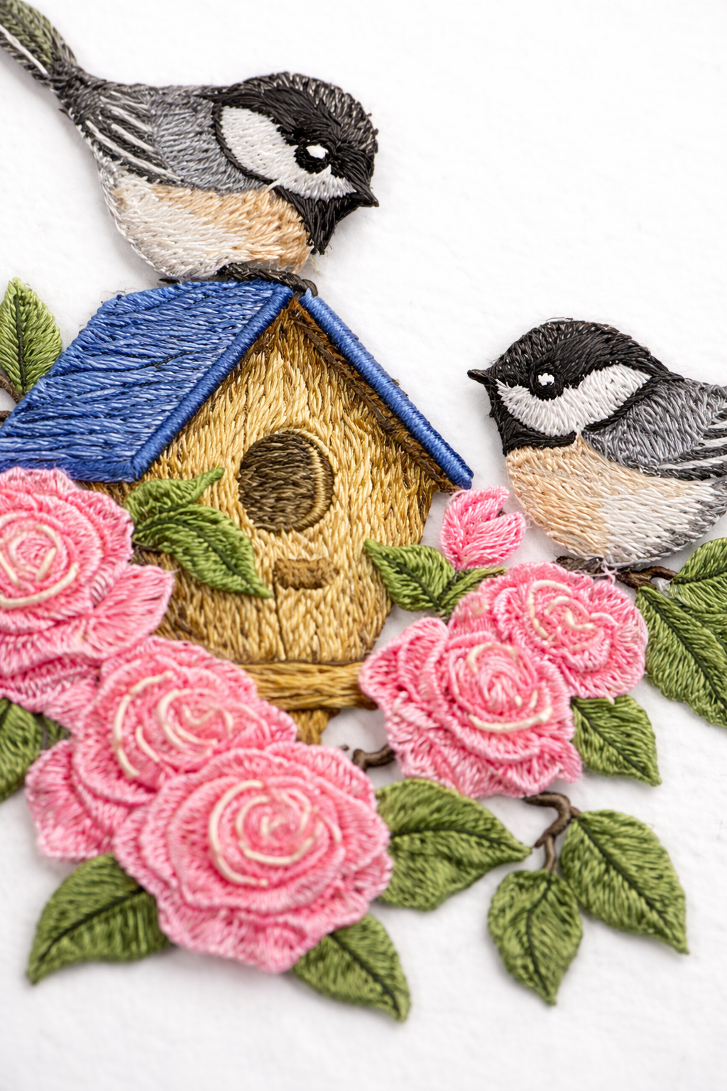 Blooming Chickadee Birdhouse Embroidered Patch – Nature-Inspired Iron-On or Sew-On Art, 6.9” x 6.26”, Made in USA
