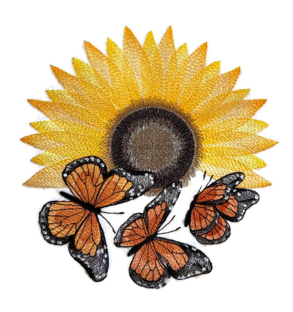 Parche bordado para planchar o coser con flores (Florece y revolotea: girasol y monarca), personalizado y único [5,55" (ancho) x 7,79" (alto)]