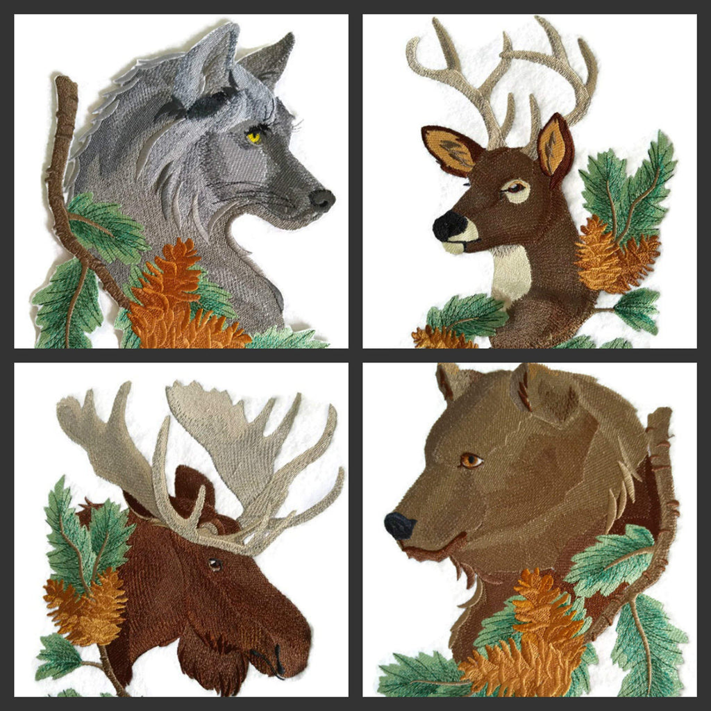 Naturaleza entretejida en hilos, asombroso reino animal [Oso en pino] [Personalizado y único] Parche bordado para planchar o coser [23 x 17 cm] [Hecho en EE. UU.]