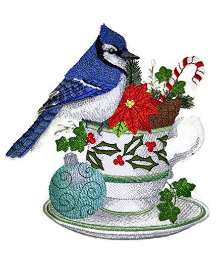 Custom Festival Blue Jay and Christmas Tea Embroidered Iron on/Sew Patch (6.9" x 7.19") [Made in USA]